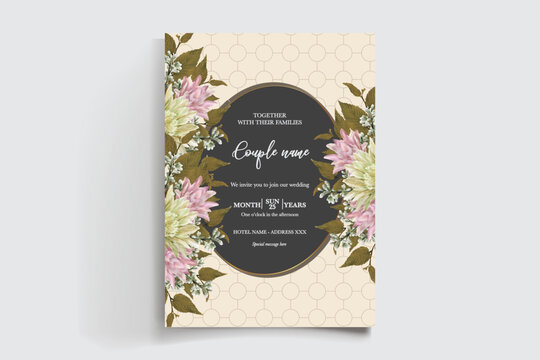 WEDDING INVITATION FRAME WITH FLOWER DECORATIONS AND FRESH LEAVES