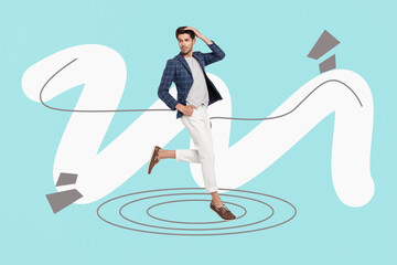 Poster - Picture collage of work person levitate walk on blue color background with geometry lines