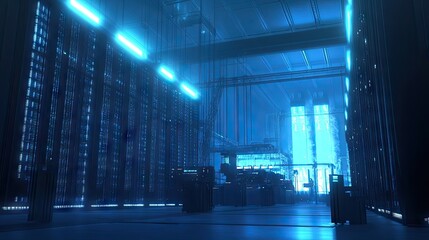 Poster - A modern data center featuring rows of illuminated server racks. showcasing advanced technology and infrastructure in a clean. organized environment