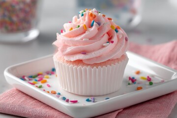 Poster - Delicious pink cupcake with sprinkles on a white plate surrounded by vibrant toppings