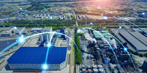 Aufkleber - Industrial area and communication network concept. Wide angle visual for banners or advertisements.
