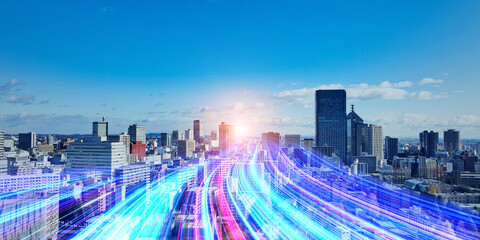 Poster - A light path to the future running through modern cities. Wide angle visual for banners or advertisements.