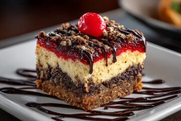 Poster - Colorful dessert with layers of cake, cream, and cherry garnish served at a restaurant table during evening dinner