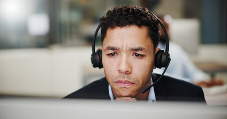 Aufkleber - Man, confused and call center by computer in office, communication or telecom doubt with thinking. Contact us, customer service and help desk questions, ponder or wonder with male agent frowning
