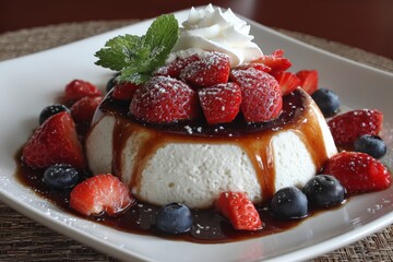 Poster - Decadent dessert featuring creamy panna cotta topped with fresh strawberries, blueberries, and rich chocolate sauce