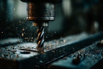 Poster - Precision milling process in a workshop with metal shavings flying around