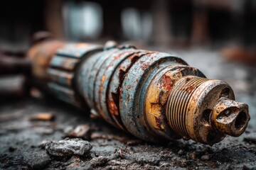 Aufkleber - Rusty mechanical part lying on the ground in an abandoned industrial area during dusk