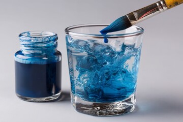 Aufkleber - Mixing vibrant blue paint with brush in glass of water on clean background for artistic creation
