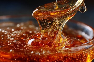 Aufkleber - Golden syrup drips from a spoon into a clear container creating enticing bubbles and reflections in the process