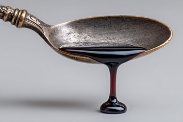 Poster - Liquid syrup drips from an antique silver spoon on a smooth gray surface