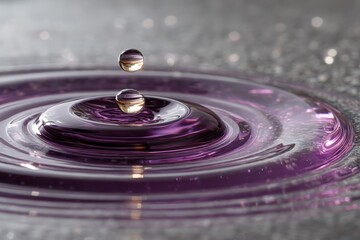 Poster - Water droplets create mesmerizing ripples in a purple liquid surface during a calm moment in a laboratory setting
