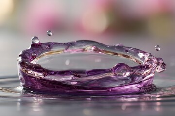 Aufkleber - Close-up of a vibrant purple water splash creating droplets in a tranquil setting during daylight hours