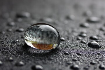 Poster - Water droplet on textured surface reflects light and colors in a detailed close-up shot captured indoors
