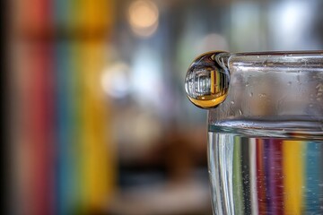 Poster - Water droplet reflection on glass captures colorful background in bright indoor setting