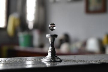 Poster - Water droplet balances delicately on a silver chess piece in a softly lit indoor space