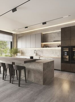 Wooden kitchen room with dining table and bar chairs, parquet floor. Kitchen open space room near living room area with bookshelf, wooden light furniture, 3D rendering no people