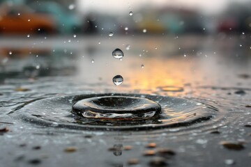 Aufkleber - Rain droplets create ripples on a reflective puddle during sunset in an urban setting, showcasing nature's beauty in the city