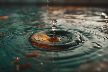 Fototapete - Water droplet creates ripples in a serene pool during golden hour