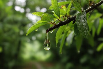 Poster - Raindrops hanging from green leaves in a lush forest during a rainy day