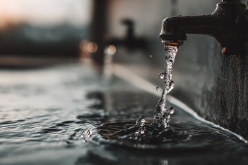 Poster - Water flows from a faucet into a basin at sunset, creating ripples in a serene setting