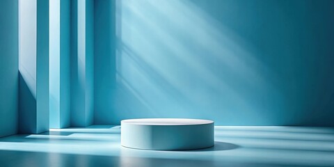 Leinwandbilder - Serene Blue Room with Cylindrical Display Platform Illuminated by Sunlight
