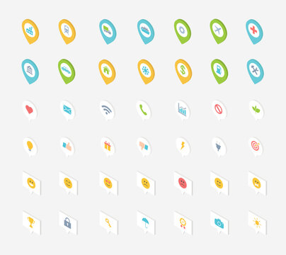 Set of Isometric icons for different apps. Contains such icons as like, star, location, message and more. Bubbles vector for business and social media.