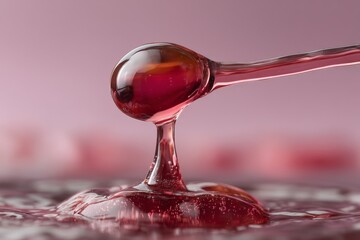 Poster - Visual exploration of vibrant red syrup pooling and dripping elegantly on a soft pink background during a close-up session