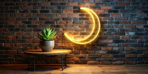 Aufkleber - Illuminated Crescent Moon Neon Sign Above a Rustic Wooden Table with Succulent