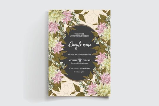 WEDDING INVITATION FRAME WITH FLOWER DECORATIONS AND FRESH LEAVES