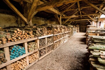 Poster - Stacked firewood in a rustic barn showcasing organized timber for winter heating in a countryside setting