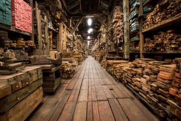 Poster - Workshop filled with assorted wood pieces and planks in a rustic storage space in daylight