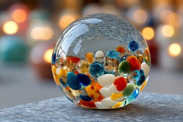 Poster - Colorful glass orb filled with marbles sits on a counter with blurred lights in the background