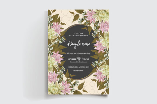 WEDDING INVITATION FRAME WITH FLOWER DECORATIONS AND FRESH LEAVES