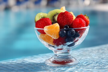 Aufkleber - Fresh fruit bowl displays vibrant colors by the sparkling pool on a sunny day