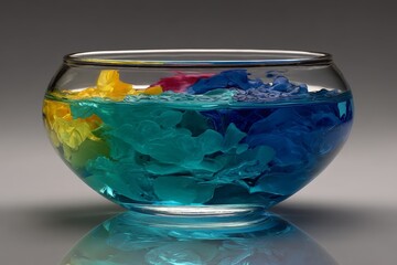 Poster - Colorful decorative bowl filled with water and floating petals creating a serene atmosphere in a modern setting