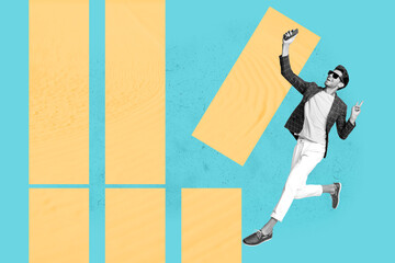 Poster - Poster creative collage of person use gadget on color background with falling column graphs