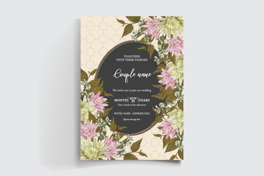 WEDDING INVITATION FRAME WITH FLOWER DECORATIONS AND FRESH LEAVES