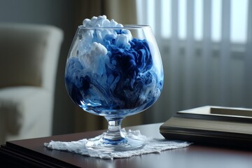 Poster - Creative display of swirling blue and white colors in a glass on a wooden table in a bright indoor setting