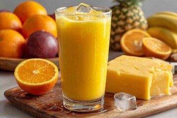 Poster - Refreshing citrus juice served in a tall glass with assorted fruits displayed in the background during midday