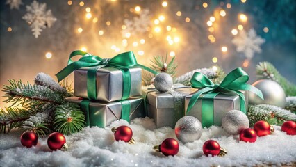 Aufkleber - Festive Silver Gifts Wrapped in Emerald Ribbons Resting on a Snowy Surface with Ornamental Spheres and Evergreen Branches Under a Sparkling Golden Light