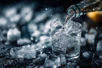 Poster - Sparkling water poured over ice in a glass captures refreshing moments during a summer evening gathering