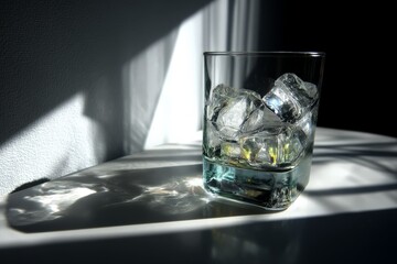 Aufkleber - Glass filled with ice cubes casting shadows on a surface in bright light