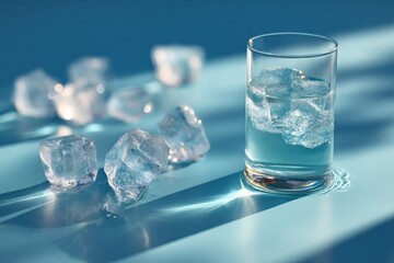 Poster - Refreshing glass of water with ice cubes on a serene blue background
