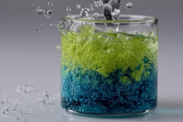 Poster - Colorful liquid layers form unique patterns in glass as water is poured into the container creating bubbles and movement