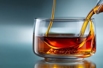 Poster - Golden liquid being poured into a clear glass bowl set against a soft blue background