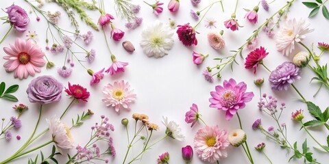 Poster - Floral Border of Delicate Pink and Purple Blossoms Arranged on White Background