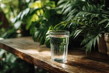 Aufkleber - Refreshing water glass placed on a wooden table surrounded by lush green plants in a serene setting