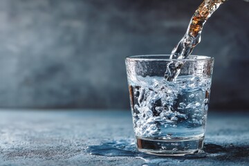 Poster - Water is poured into a clear glass with bubbles forming on a textured surface in a contemporary setting