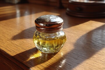 Poster - Vintage glass jar filled with yellow oil resting on a wooden surface illuminated by soft sunlight in a cozy interior