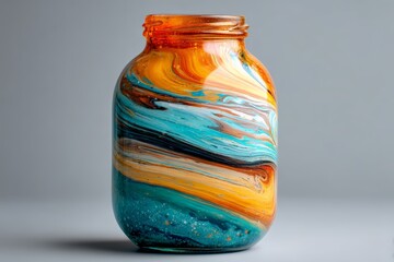 Poster - Colorful marbled jar displaying vibrant swirls in rich hues of blue, orange, and gold under soft lighting